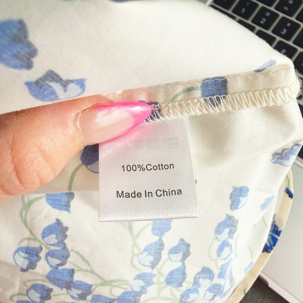 Tuckernuck Cream/Blue Floral Print Blouse Sz S 100% Cotton High Neck Long Sleeve - Picture 7 of 8